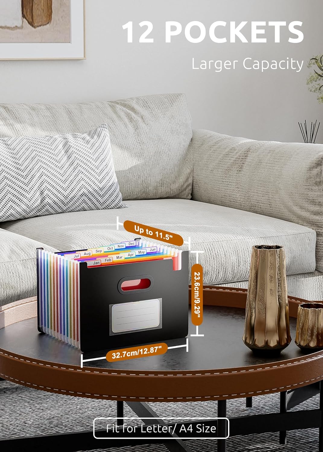 ThinkTex 12 Pockets Accordion File Organizer, Upright & Coverless, Monthly Colorful Tabs, Larger Capacity Expanding File Folder, Letter/A4 Size for School, Home and Office - Black