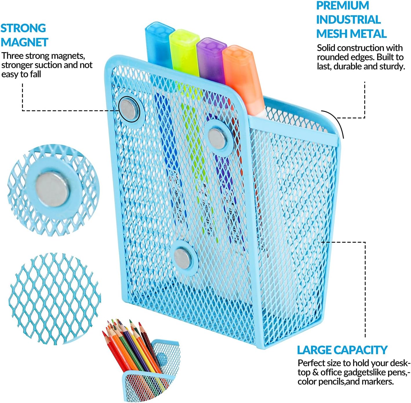 LUCYCAZ Magnetic Pen Holder - Single Magnetic Pencil Locker Holder Organizer, Blue Mesh Marker Holder Pen Basket for Whiteboard, Refrigerator and Locker