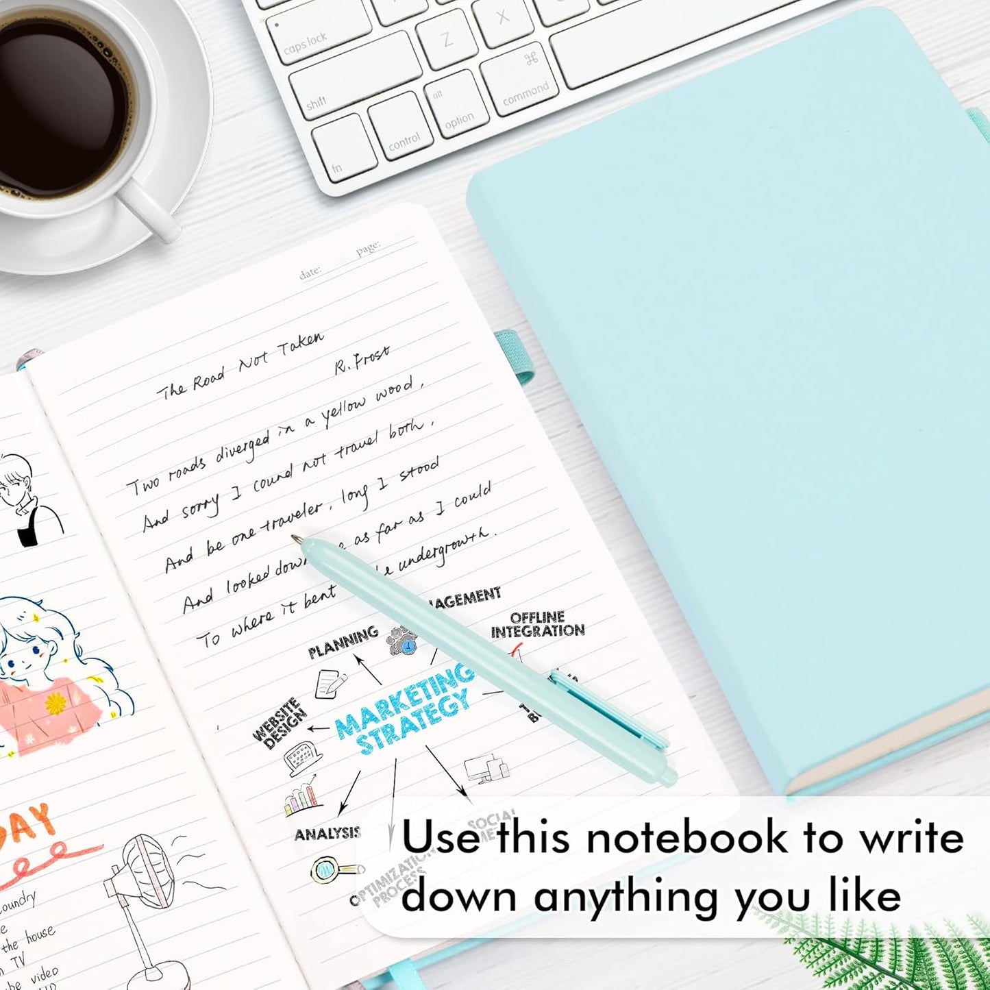 feela 5 Pack Notebooks Journals Bulk, Hardcover Notebook Classic Ruled Lined Journals with Pen Holder for Women Girls School Business Supplies, with 5 Black Pens, 120 GSM, 5.1”x8.3”, A5,Sky Blue