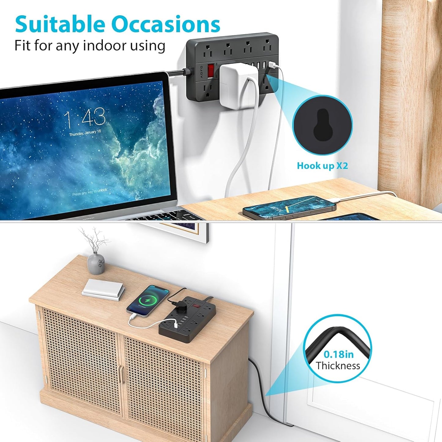 10ft Extension Cord Long Power Strip,AOFO 8 Widely-Spaced Outlets & 6 USB（1 USB C） Ports Flat Plug Power Strip,Power Cord for Wall Mountable and Desktop Black