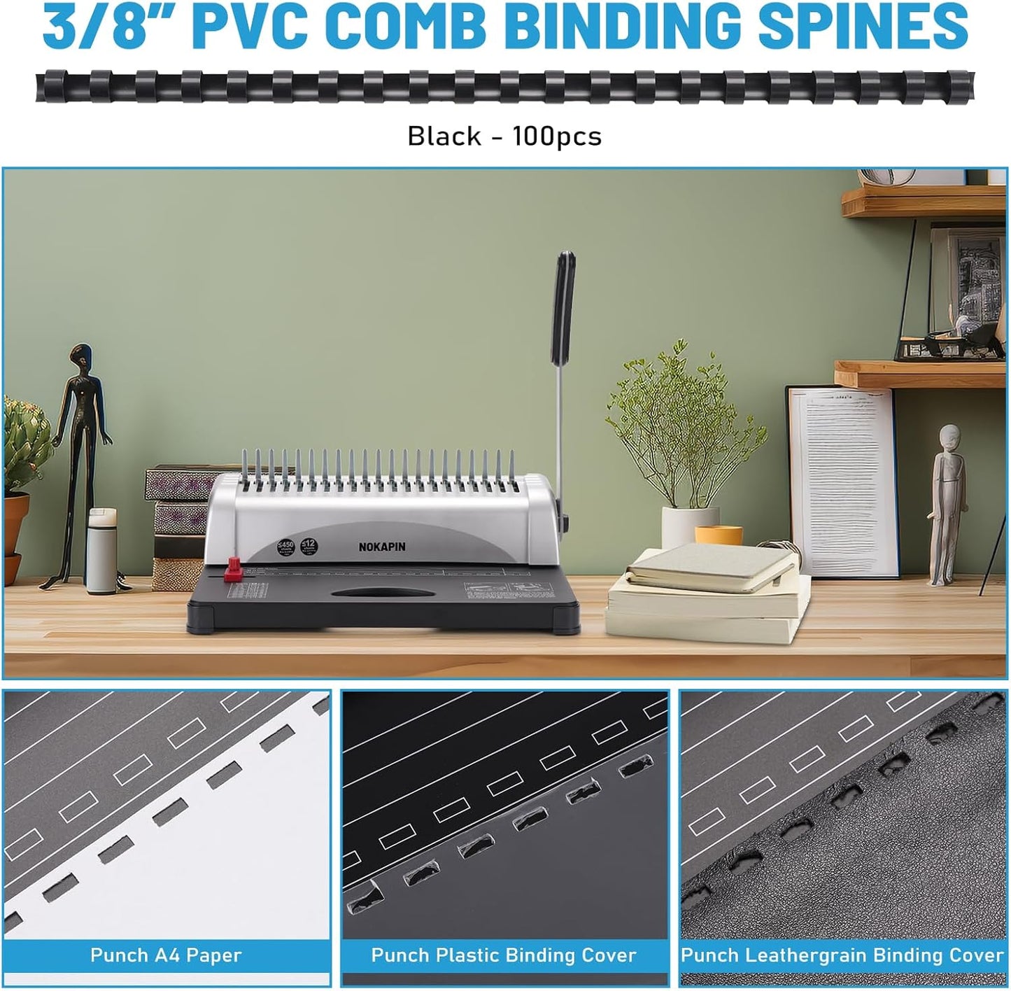 Binding Machine,Book Binder Machine 21-Holes, 450 Sheets,Comb Binding Machine with Starter Kit 100 PCS 3/8'' Comb Binding Spines,Spiral Binding Machine for Letter Size, A4, A5 or Smaller Sizes