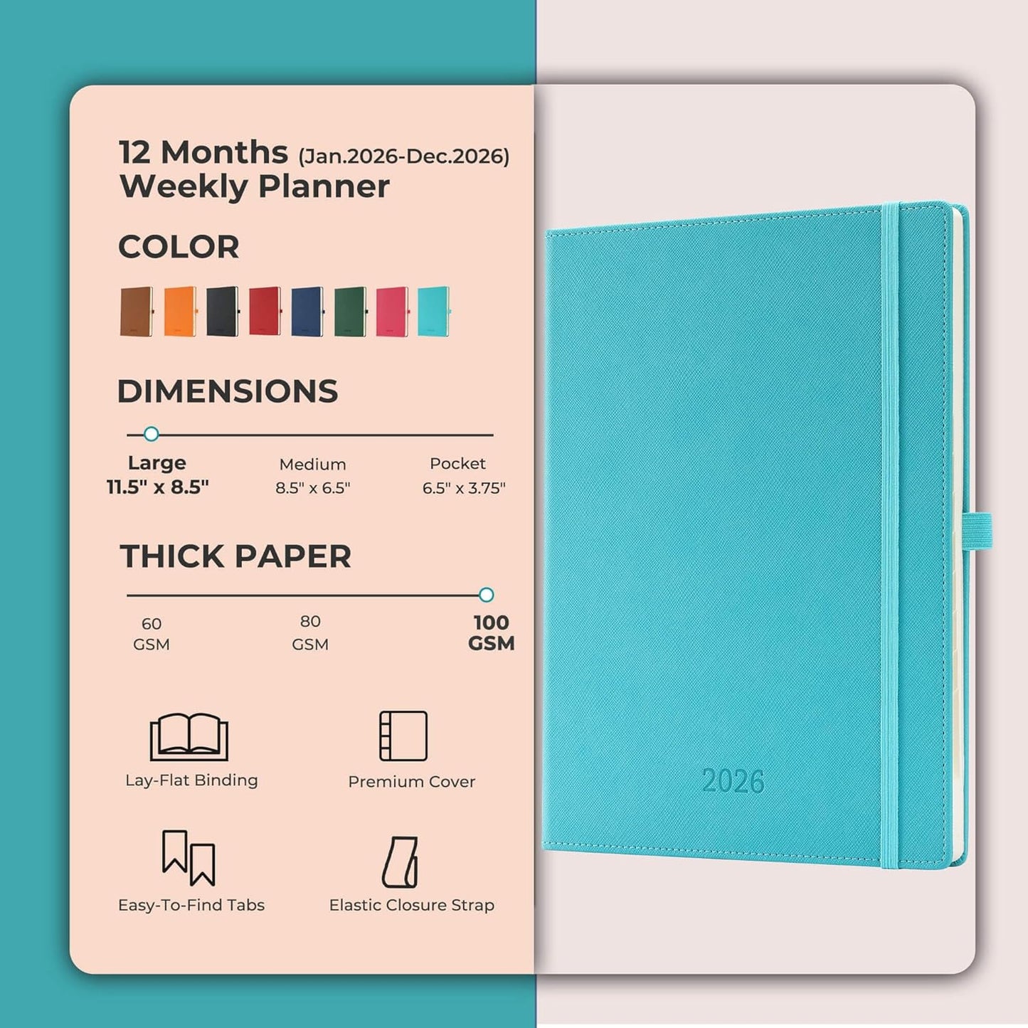 Weekly Monthly 2026 Planner (Jan.26-Dec.26),11.5"x8.5",12 Months Agenda Plan with Month Tabs & Pocket,Expenses/Note Pages, Appointment Book Calendar with Vegan Leather Cover,Light Blue