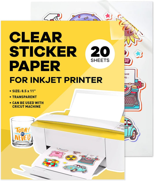 90% Clear Sticker Paper for Inkjet Printer (20 Sheets) - Transparent Glossy 8.5 x 11 - Printable Vinyl // Paper Plan