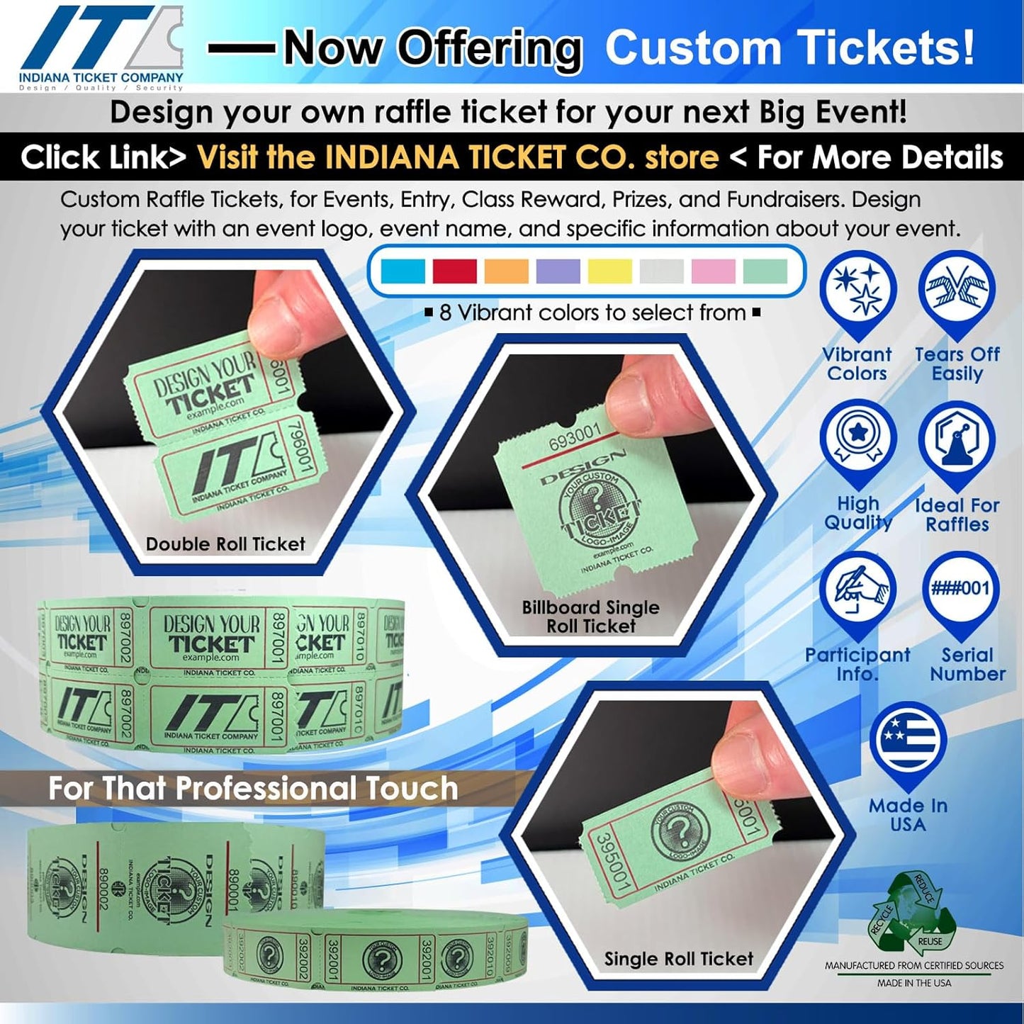INDIANA TICKET CO. 1,000 White Raffle Tickets Double Roll, Premium Quality 50/50 Raffle Tickets, Tickets for Events, Carnivals, Door Prizes, Drinks and More