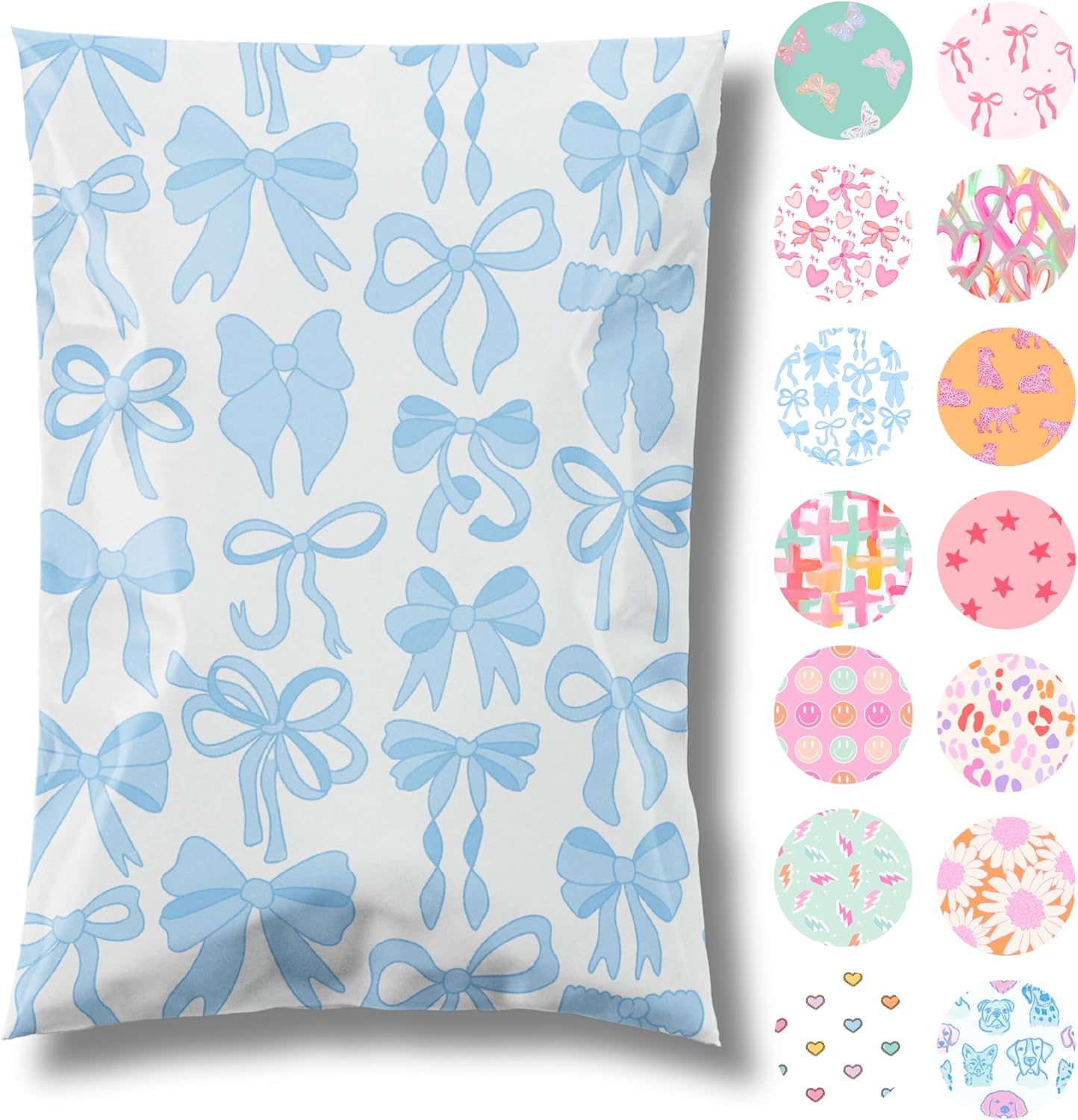 14.5x19 Designer Poly Mailer 100 Pack Heavy Duty Waterproof Self Seal Shipping Bags for Small Business Large Mailing Envelopes Bulk Tear Resistant Packaging Blue Bows