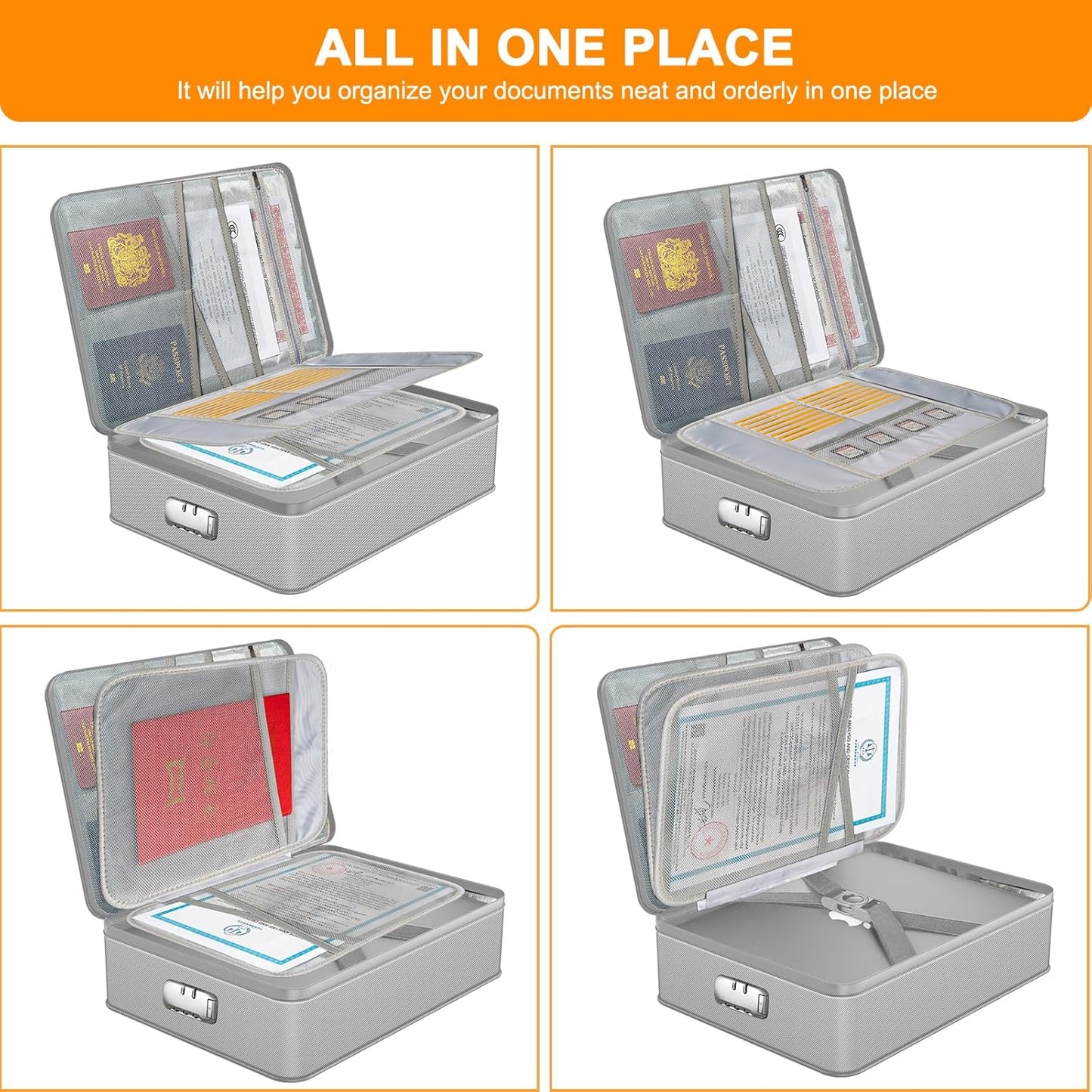 Noiposi Document Organizer with 5200℉ Heat Insulated,Waterproof and Fireproof Document Box,Portable Home Travel Safe Storage Box for Important Documents,File and Birth Certificate，Silver