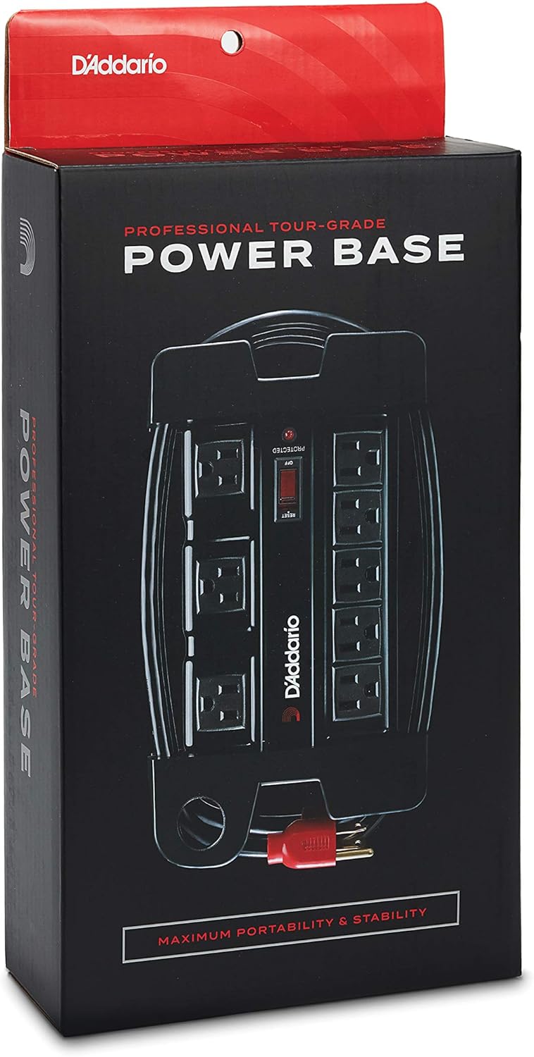 D'Addario Accessories Tour-Grade Power Base - Base Protector - Stage Power Strip with 6 ft Cable - 5 Standard and 3 Transformer- Guitar Amp Outlet - Music Surge Protector with Indicator Light