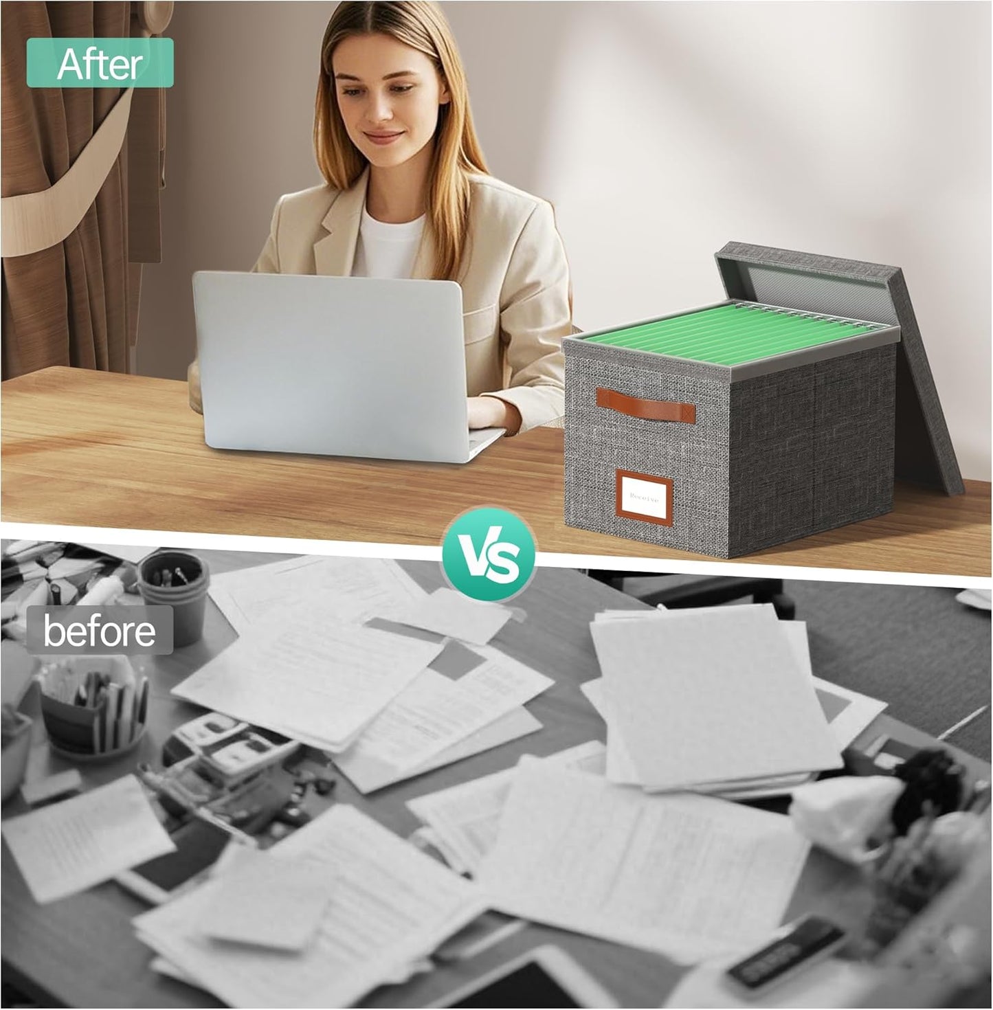 File Box for Hanging, File Organizer Box with Lid Decorative File Folders Letter Size Organizer with One-Piece Integrated Plastic Slide Rail (Grey, 13.2x10.1x10.1inch(3pack))