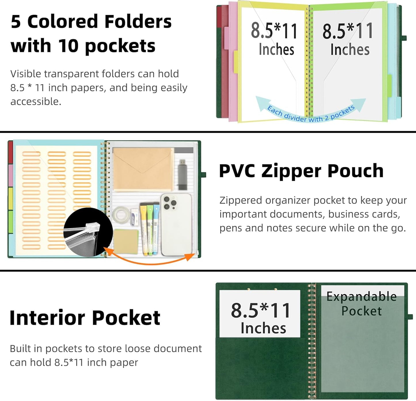 Ospelelf Leather Clipboard Folio with Notepad for Letter Size, Spiral Clipboard Folder with Storage Zipper Pouch, 5 Folders with 10 Pockets, 39 Divider Label Stickers, Pen Loop Series (Green)