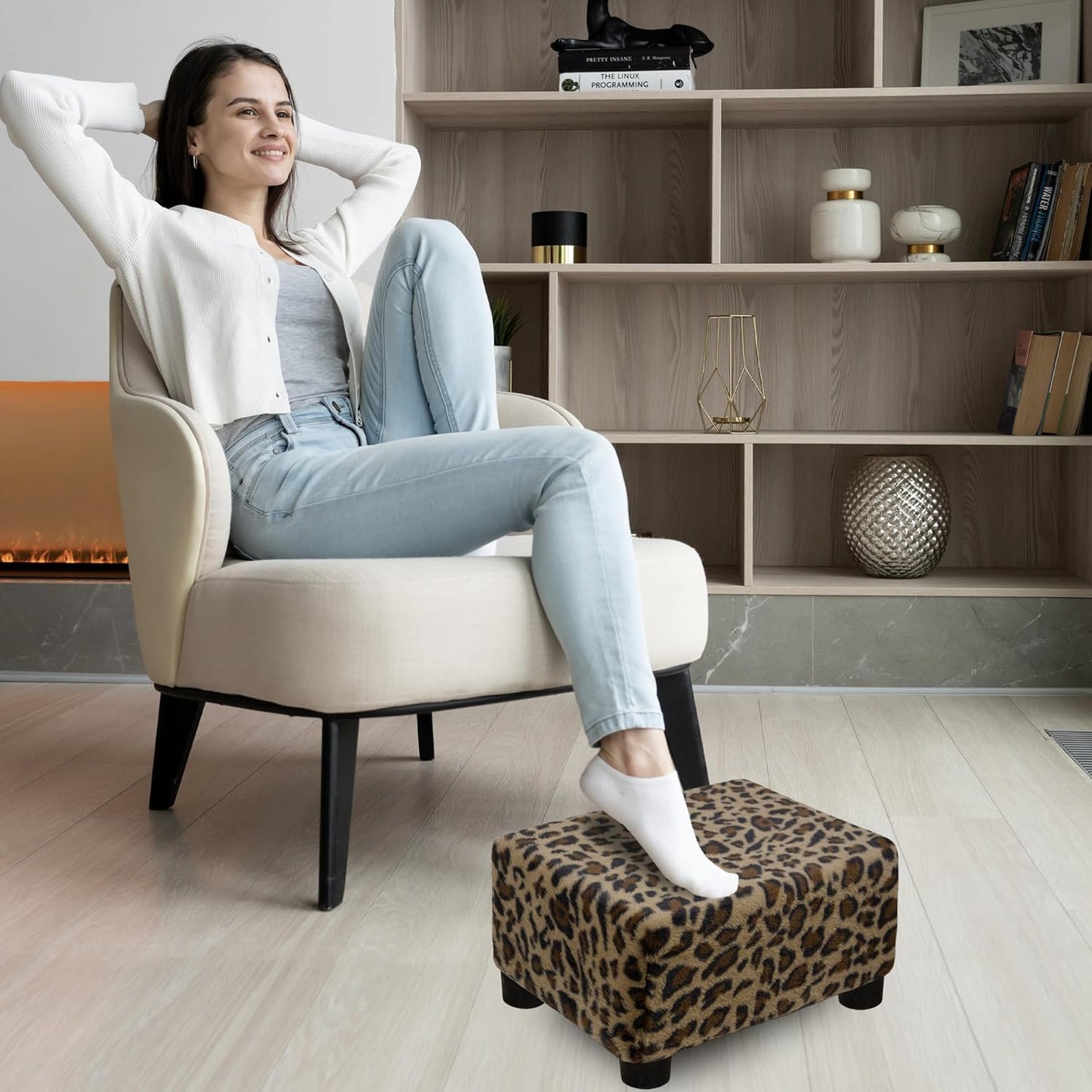 CAROLMADE Small Foot Stool Ottoman Footstool with Legs Under Desk Footrest for Living Room Bedroom and Office, Faux Fur Brown