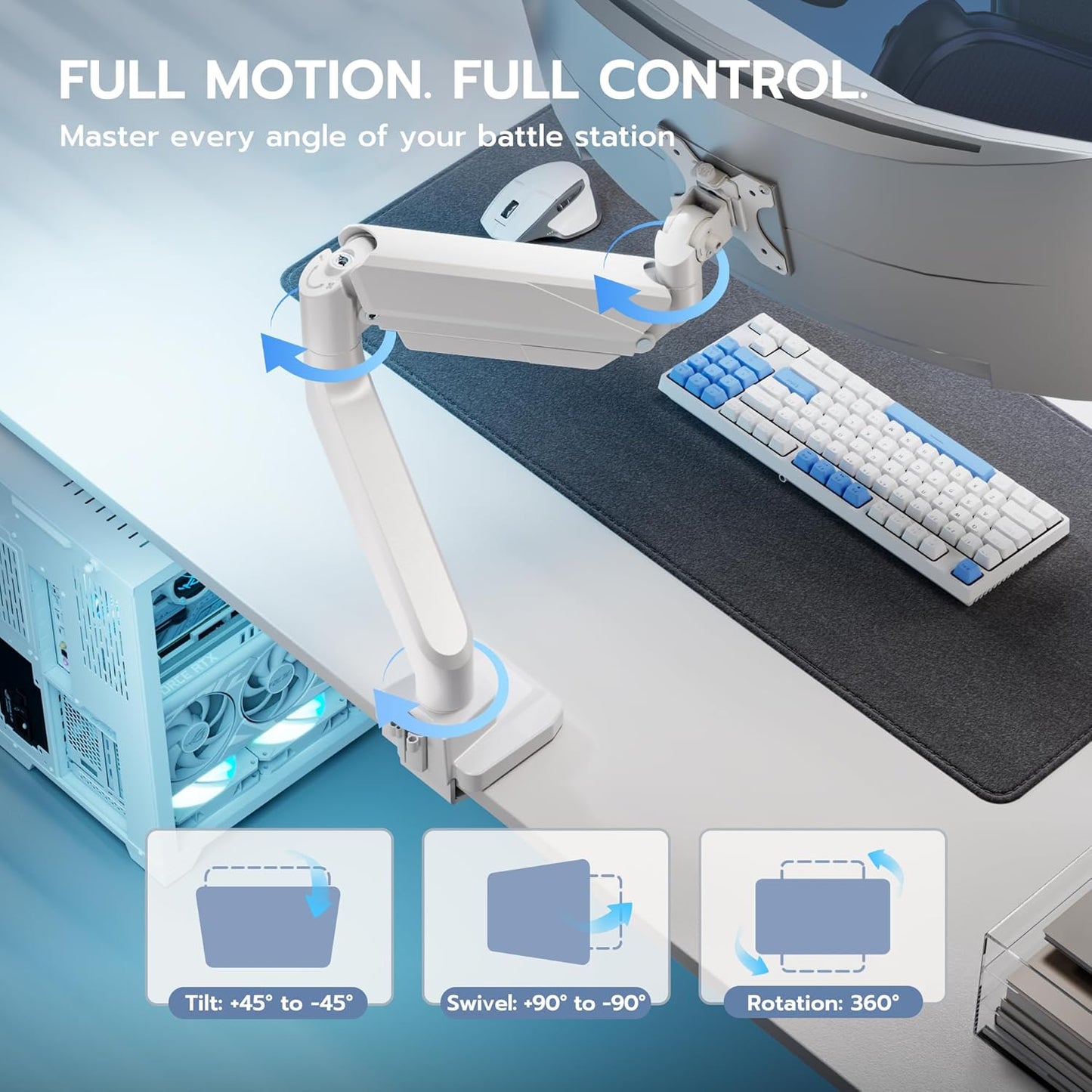 ARES WING Single Monitor Arm, Heavy Duty Adjustable Monitor Arm for 13"-45" Screens with USB, Gas Spring Desk Mount Stand with C Clamp/Grommet Mounting Base up to 40lbs Computer, White