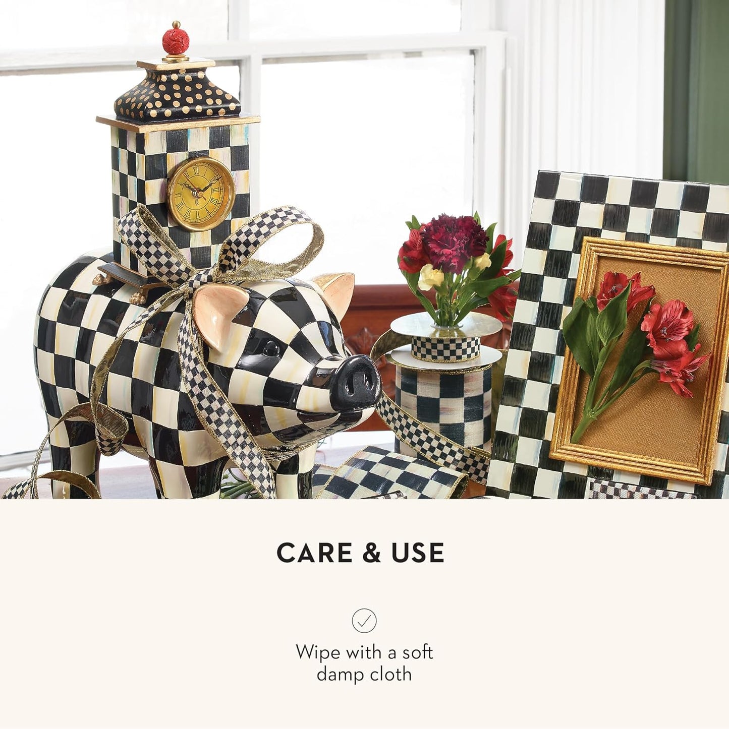 MACKENZIE-CHILDS Desk Clock, Decorative Wood Clock for Kitchen and Living Room, Black-and-White Courtly Check