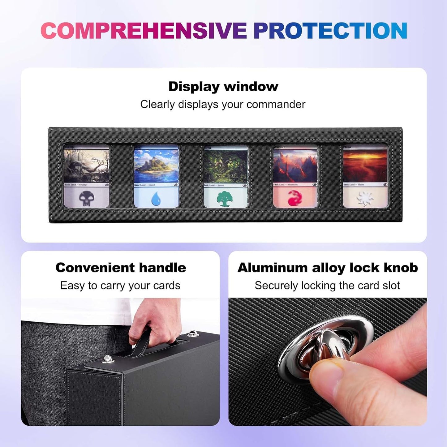 Trading Card Storage Box with Commander Display, 5 Row Magic Card Box with Handle & Aluminum Alloy Locking for 3900+ Unsleeved Cards Suits for MTG PTCG TCG Sports Cards (Black Gray)