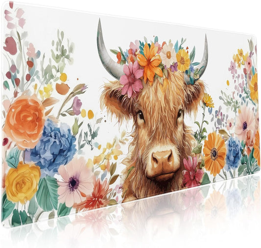 Aesthetic Highland Cow Gaming Mouse Pad XXL Cow Print Blue Orange Floral Extended Large Mat Mousepad Desk Pad Non-Slip Rubber Base Stitched Edge Flower Keyboard Pad Playmat for Computer,35.4×15.7 in