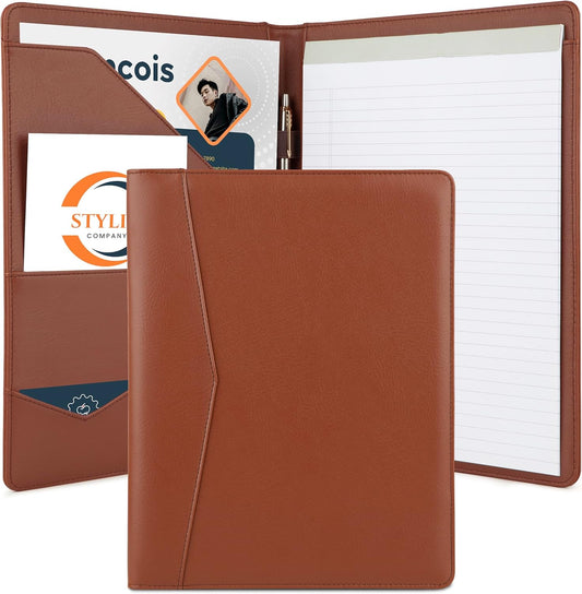STYLIO Padfolio Portfolio Organizer Binder (Tan Color) | Interview Resume Folder, Document, Business Card Holder |w/Letter-Sized Notepad | Handsome Brown Faux Leather Folio Matte Finish