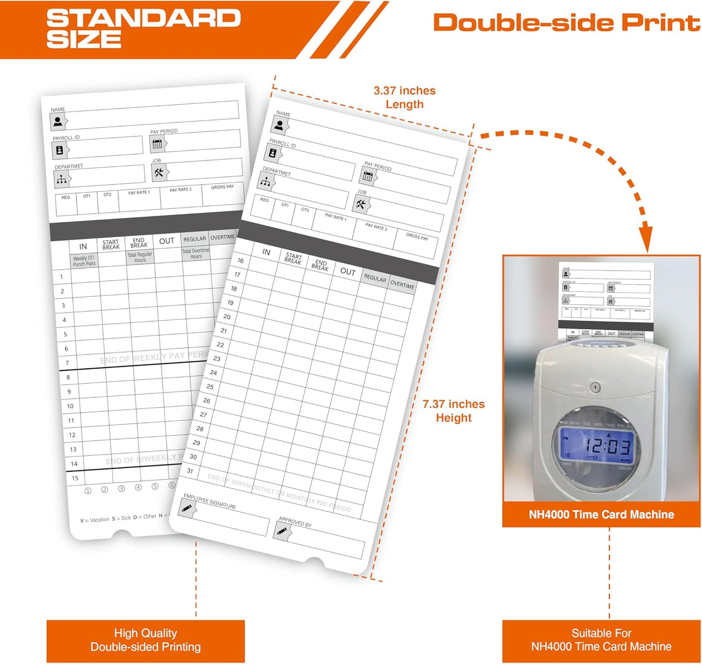 100 time Cards for HN4000, HN2000, HN2500, HN4500 time Clocks and More, Card Numbers 1-50, with pre-Punched Holes Employee time Cards (with Separate Box)