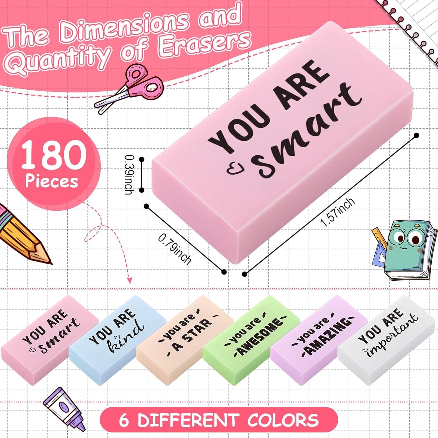 180 Pcs Inspirational Erasers for Kids Christian Pencil Erasers Bulk, Back-to-School Gifts Motivational and Cute Supplies for Students Classrooms, Drawing(Macaron,Motivational)