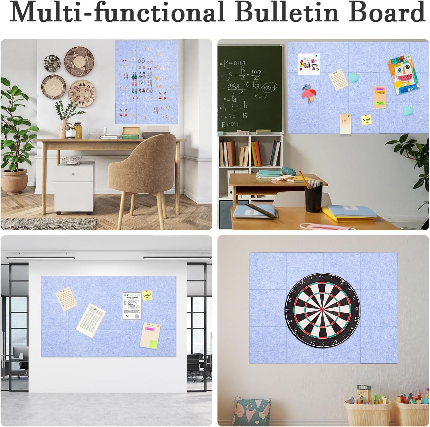 Large Cork Board Alternative, 15 Pack Felt Board with Safe Removable Adhesive Tabs Felt Wall Tiles, Large Cork Boards for Walls, Cork Board for Home Office, Pin Boards for Walls, Light Blue