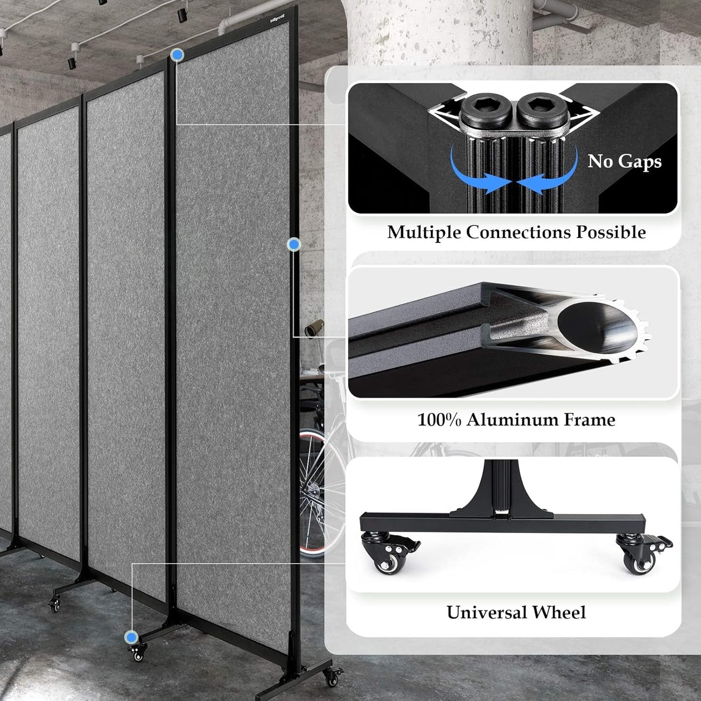 Upgrade Version Room Partition and Divider, Freestanding Rolling Dividers with Wheels,Office Privacy Screen Divider Wall,Classroom Felt Dividers,10'6"L* 6'7"H,5 Panel,Light Grey