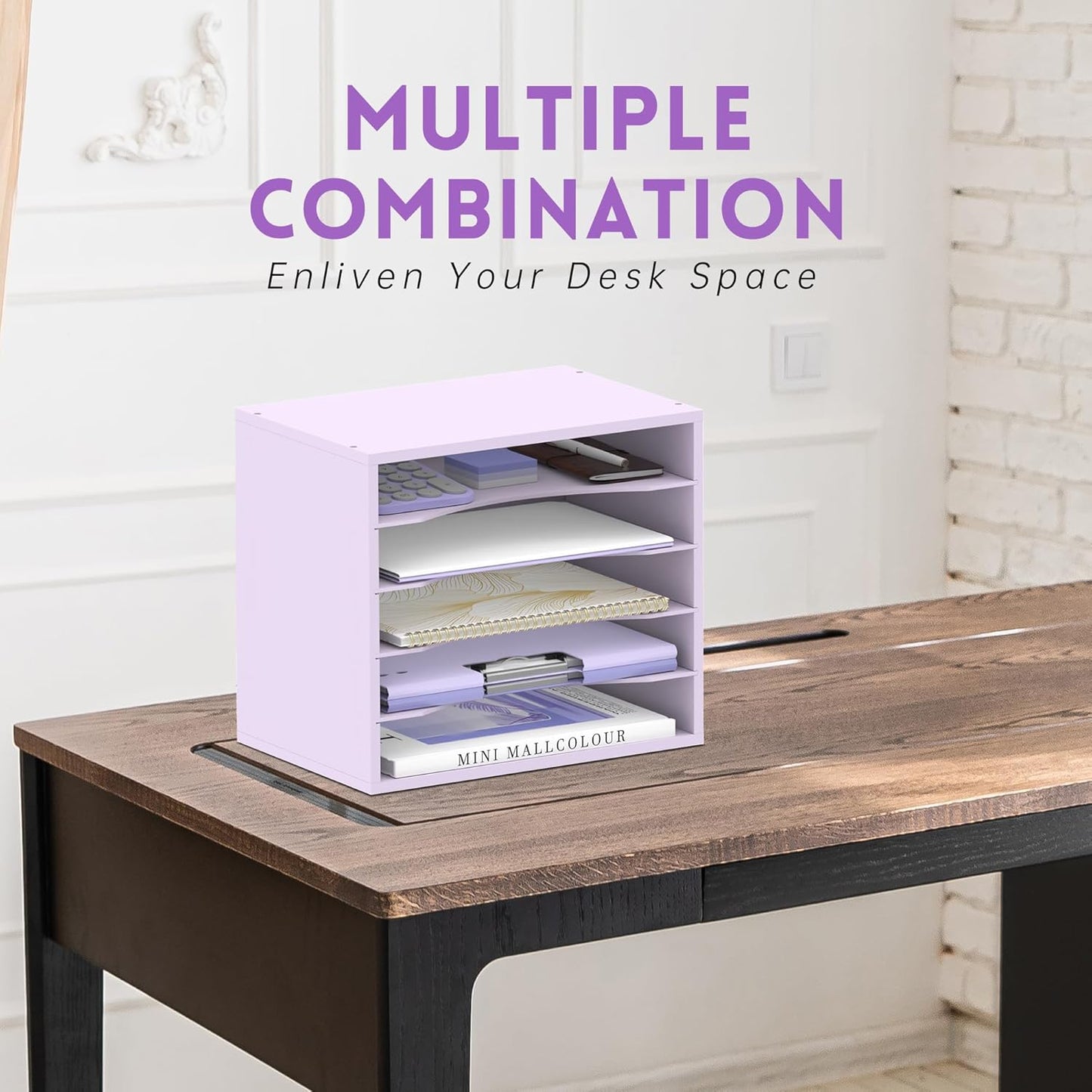 SUPEASY Wood Desk Organizer, 5 Tier Paper File Organizer for Desk, Wooden Desktop Organizer, Paper Letter Literature Mail Sorter, for Office School & Home Organization, Purple