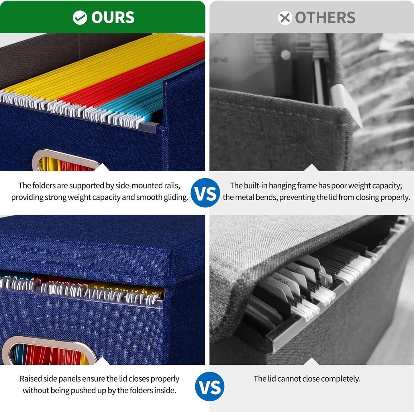 2 Pack Hanging File Folders Organizer with Lid, Letter Size Fabric File Storage Box Collapsible, Portable Office Document Holder with Metal Handle, Smooth PVC Rails, Blue