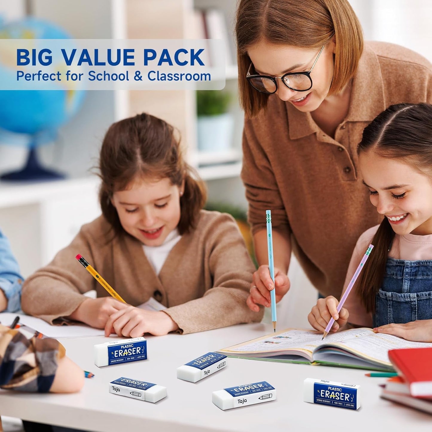 144 Pack White Erasers Bulk, Large Pencil Erasers for School, Classroom, Teacher, Homeschool, and Office Supplies