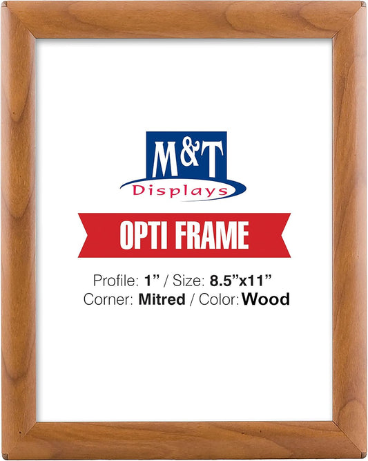 M&T Displays Opti Snap Poster Frame 8.5x11 Inch with Back Support Wood Effect Color 1" Aluminum Profile, Front Loading, Wall Mounting, Photo, Picture, Document, Sign Holder