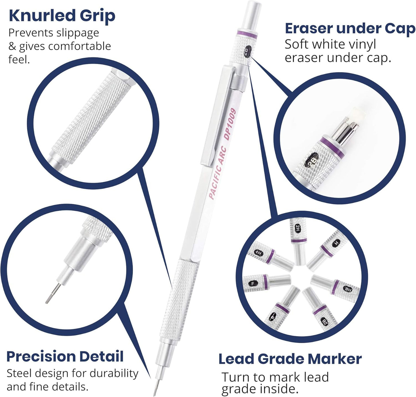 Pacific Arc Chromograph Metal Mechanical Pencil .9 mm Silver Barrel Mechanical Pencil with Built In Lead Pencil Grade Indicator, Lead Pencil Holder for Drafting, Sketching, and Drawing