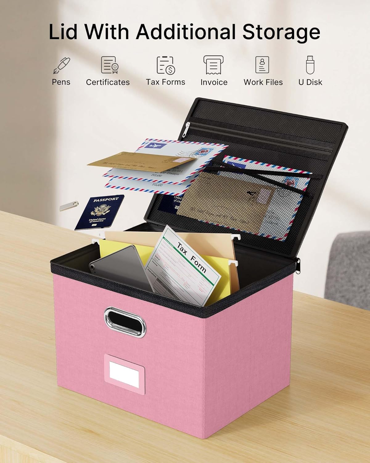 Oterri 1 Pack Large File Organizer Boxes with Lids, File Box with Mesh Pockets, Document Organizer Box for Legal/Letter Size Folders, Zippers Important Document Organizer (Pink, Without Folders)