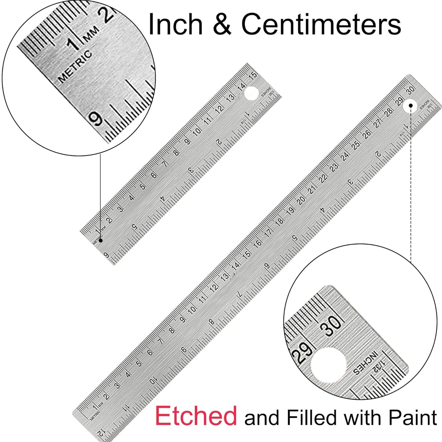 Metal Ruler with Cork Backing: 6+12 Inch Stainless Steel Non-Slip Ruler with Inch and Centimeters