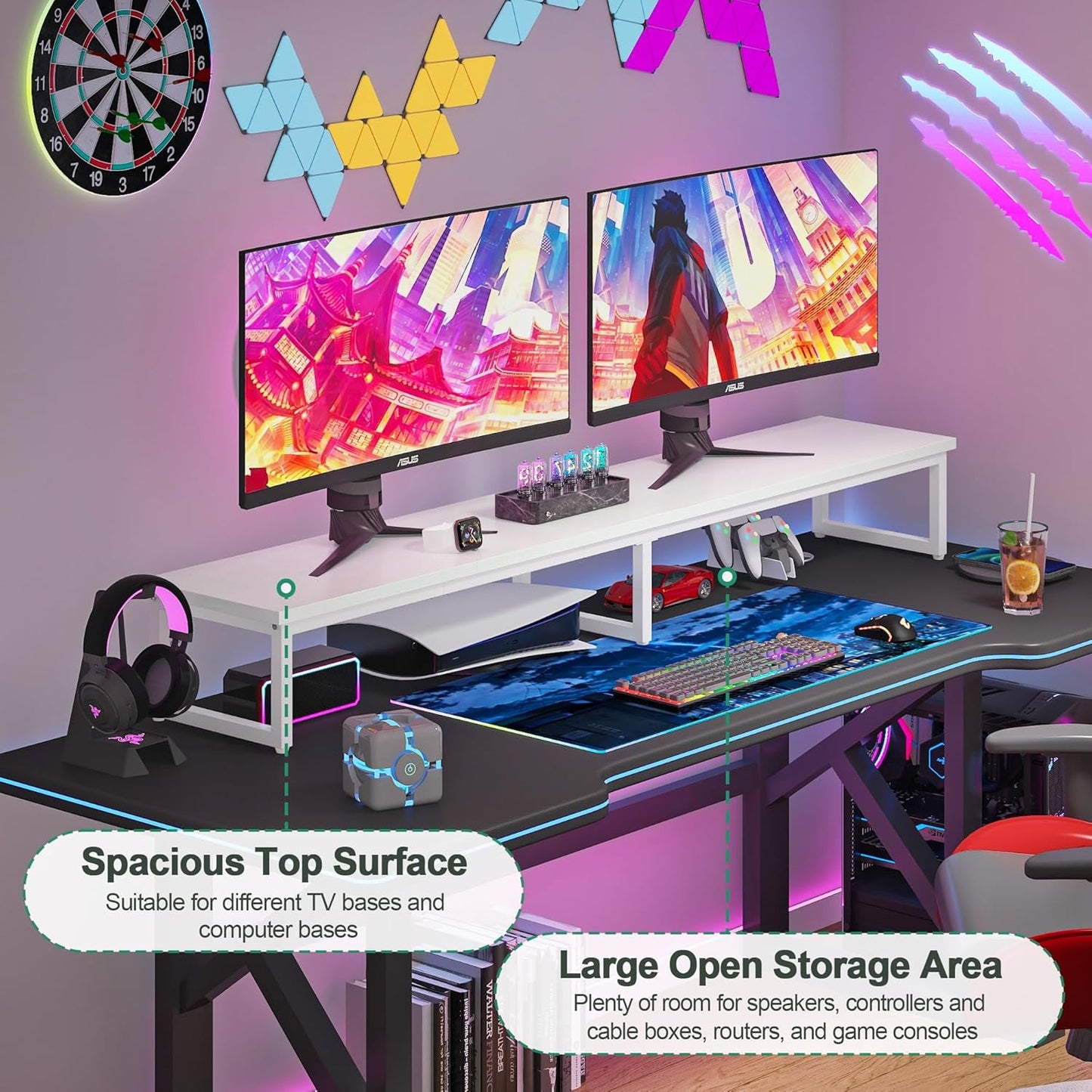 Clikuutory 59" Large TV Riser for 32-75 inch TVs, Tabletop Stand with Steel Legs, Storage & Dual - Screen Office Desk Function, Ideal for Home Office, Bedroom, Living Room, White