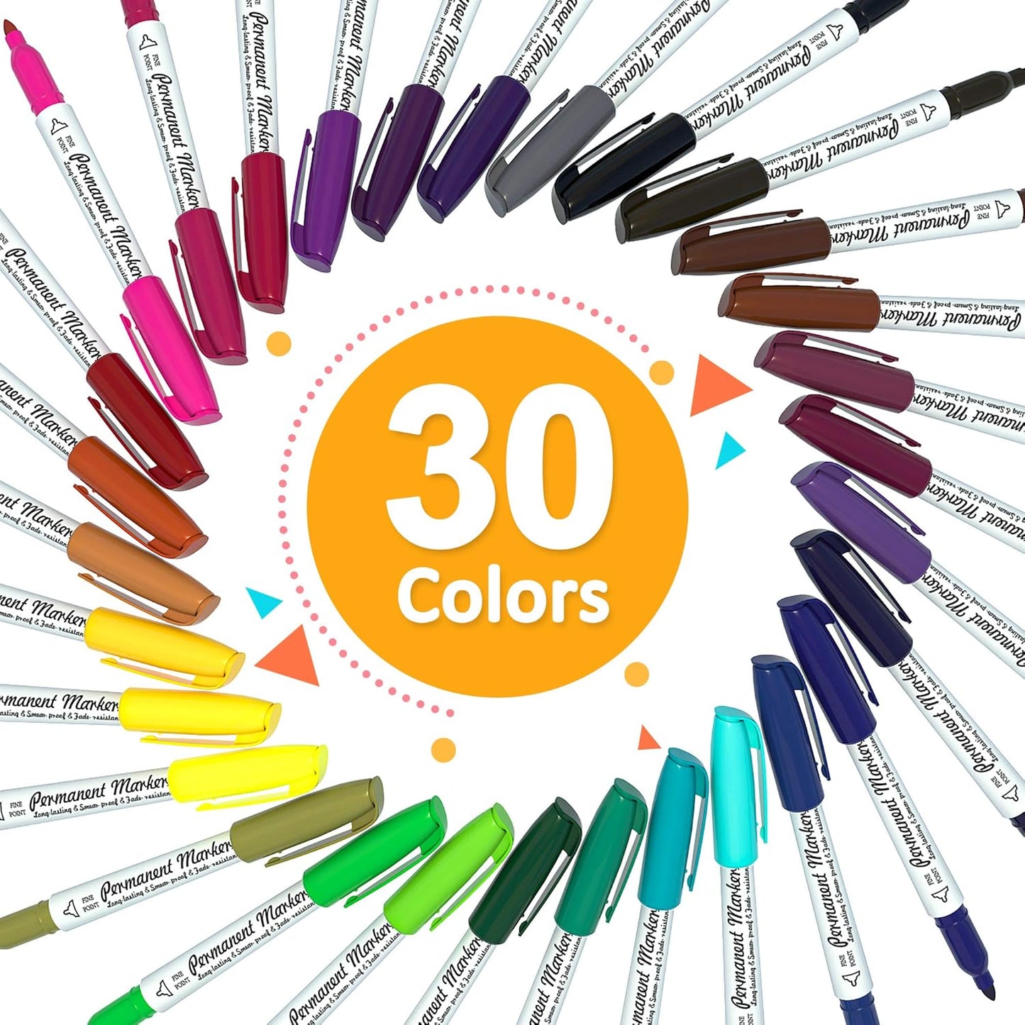 Lelix 30 Colors Permanent Markers, Fine Point, Assorted Colors, Works on Plastic,Wood,Stone,Metal and Glass for Kids Adult Coloring Doodling Marking