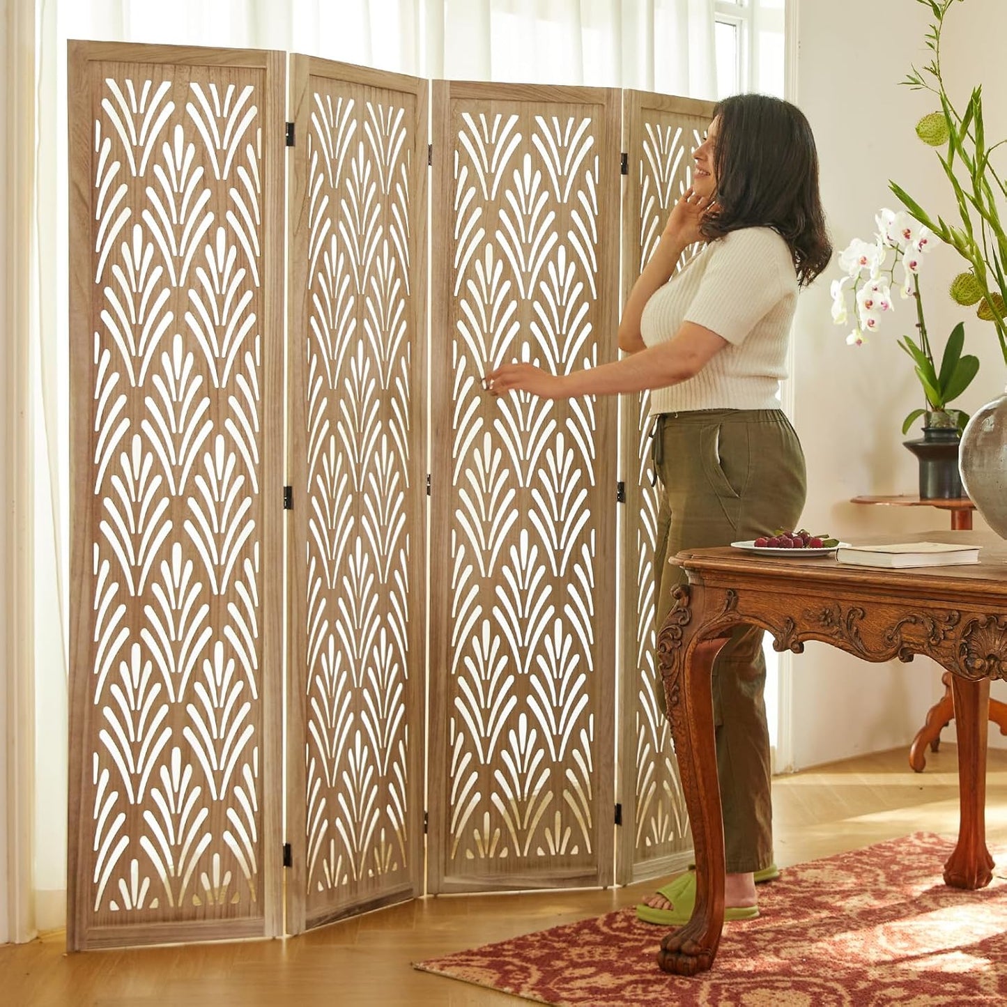 5.6Ft Room Divider Folding Wood Simple Carved Partition Screen for Home Office Garden - 4 Panels (Natural)