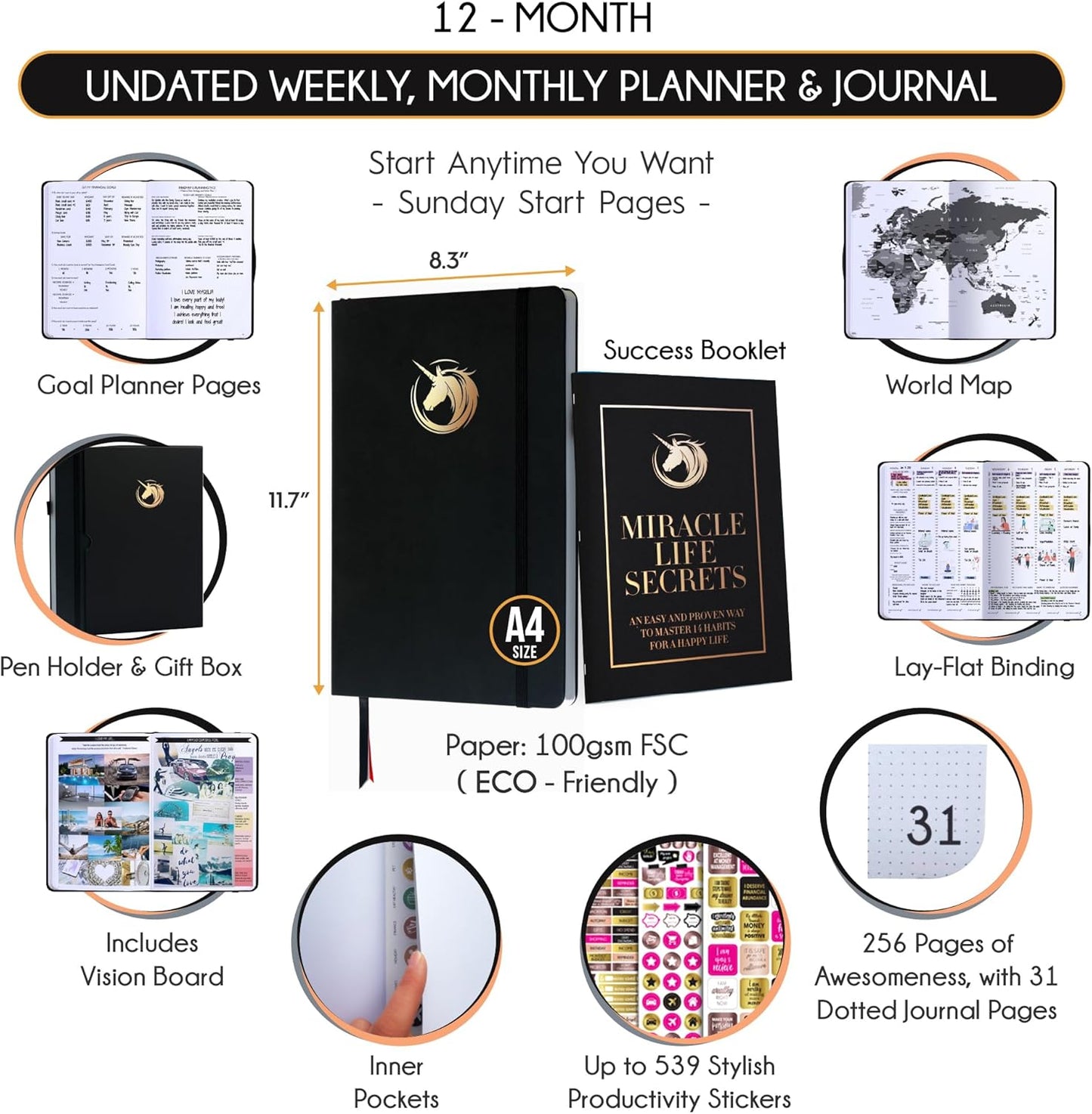 Hourly Planner - Undated Daily, Weekly & Monthly Planner with Budget Section | A 12 Month Journey to Increase Productivity & Happiness | Life Organizer & Gratitude Journal - Vertical Format