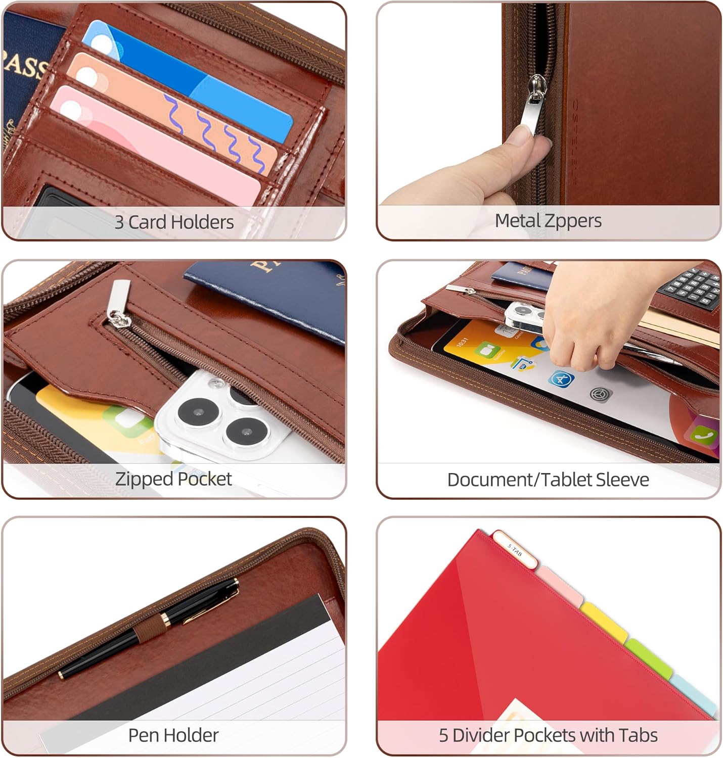 Ospelelf 3 Ring Binder Portfolio Folder with Zipper- Leather Padfolio with Clipboard Storage- Calculator, 12.1” Tablet Sleeve, 5 Dividers with Pocket, Refillable Notepad, Card Slot (Red Brown)