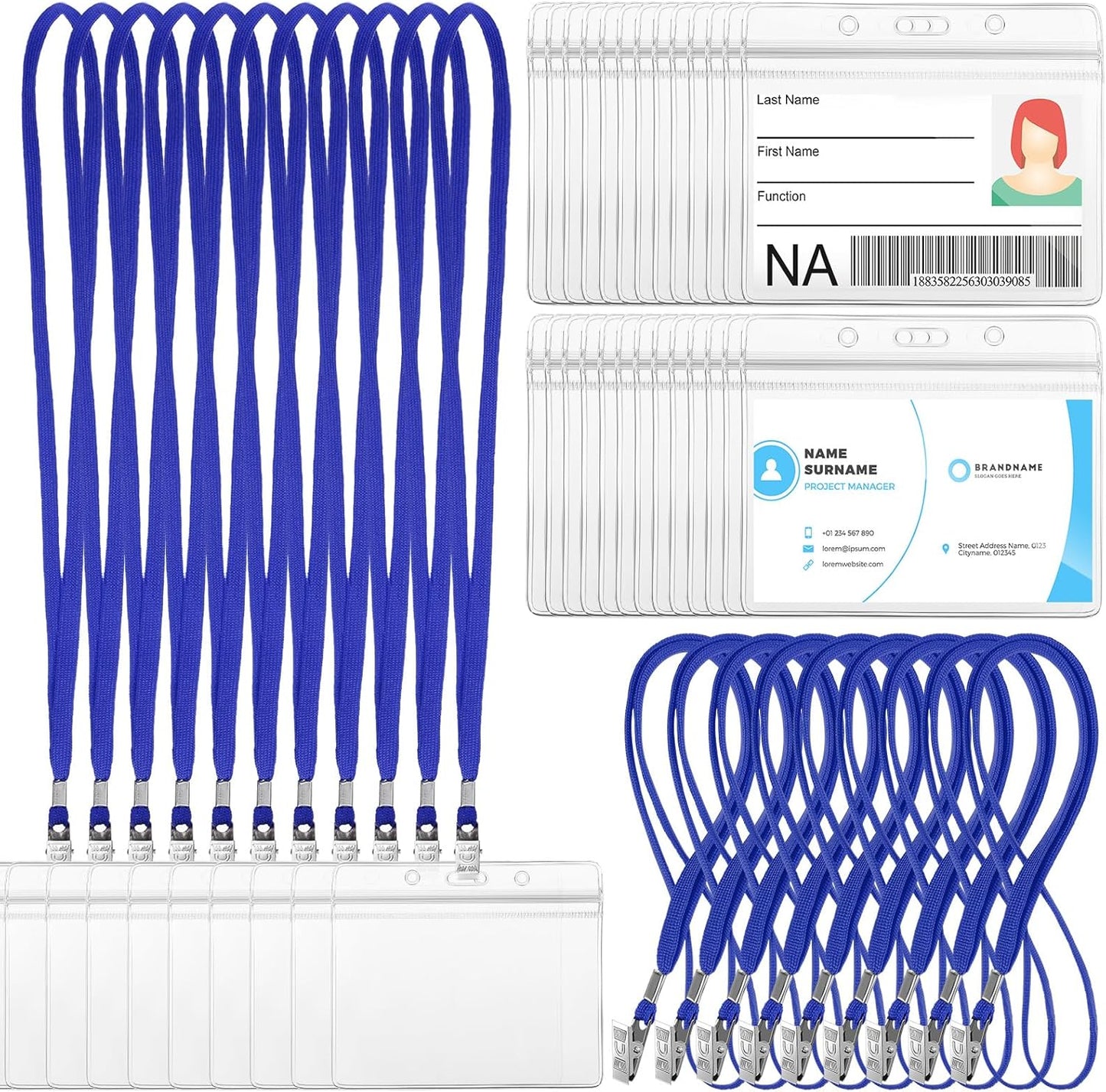 Marspark 50 Sets Clear Name Tags with Lanyard, Lanyards for ID Badges Reusable Strap with ID Holder Plastic Name Badges for Adults Business School Church Conference (Blue)