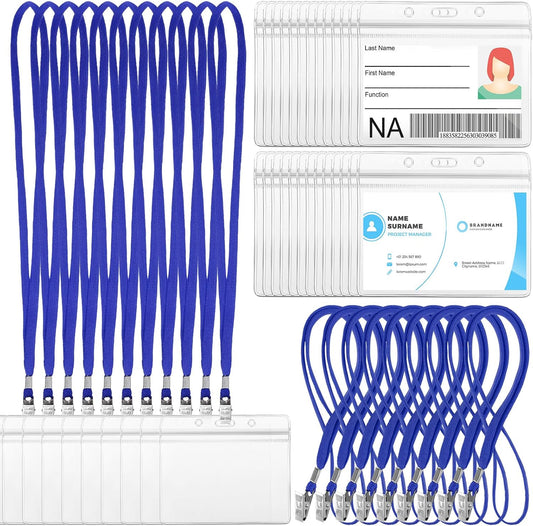 Marspark 50 Sets Clear Name Tags with Lanyard, Lanyards for ID Badges Reusable Strap with ID Holder Plastic Name Badges for Adults Business School Church Conference (Blue)