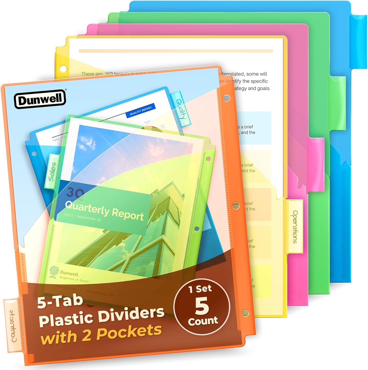 Dunwell 5-Tab Binder Pocket Dividers, Plastic Dividers with Two Pockets for 3-Ring Binder, Multicolor, Fits 8.5x11 Letter Size Documents, Insertable Tabs, 5 Subject Notebook Divider 3 Hole Punched