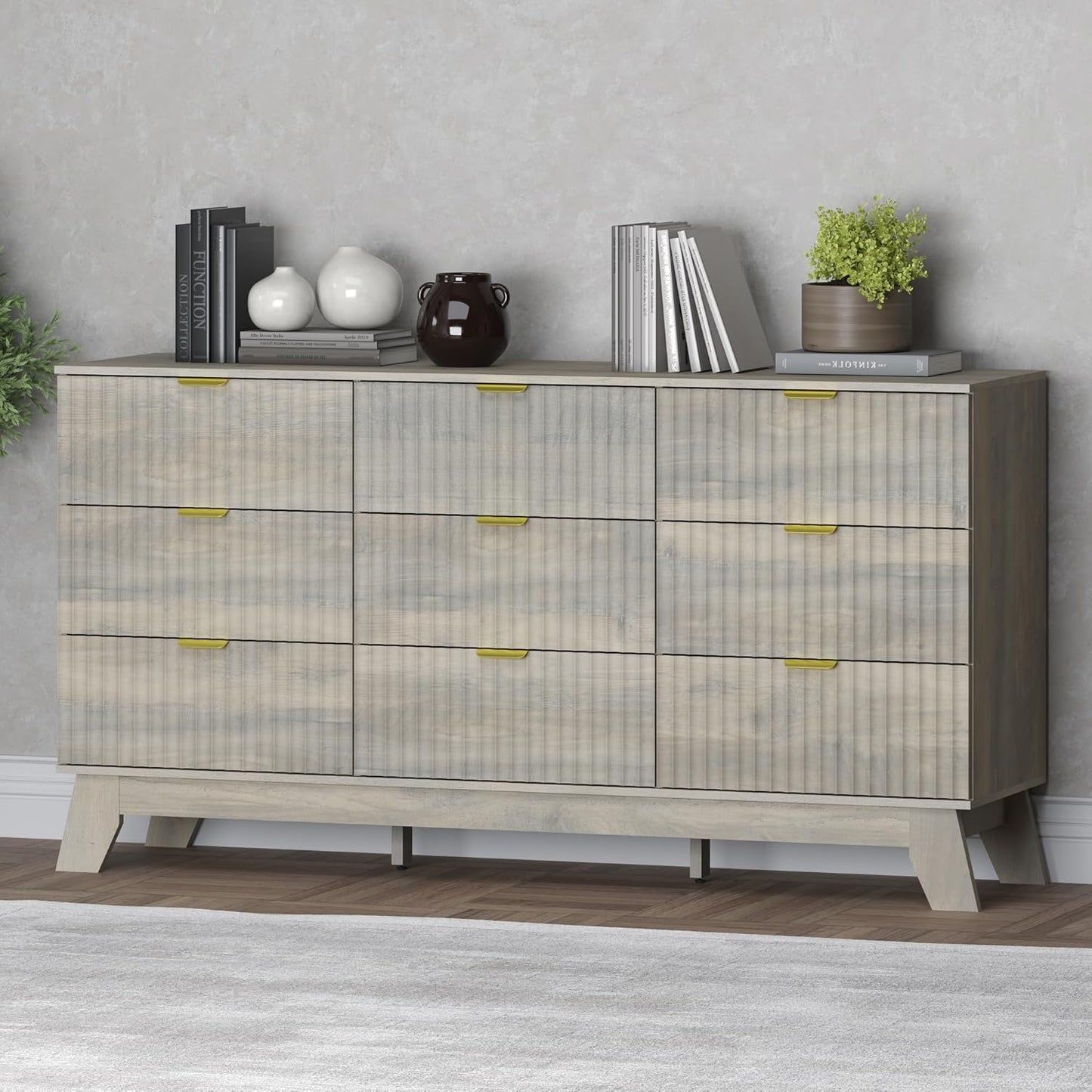 Fluted 9 Drawer Dresser, 57.1" Wide Modern Boho Chest of Drawers, Wooden Storage Dresser TV Stand for Bedroom, Living Room, Closet, Hallway, Curved Profile Design