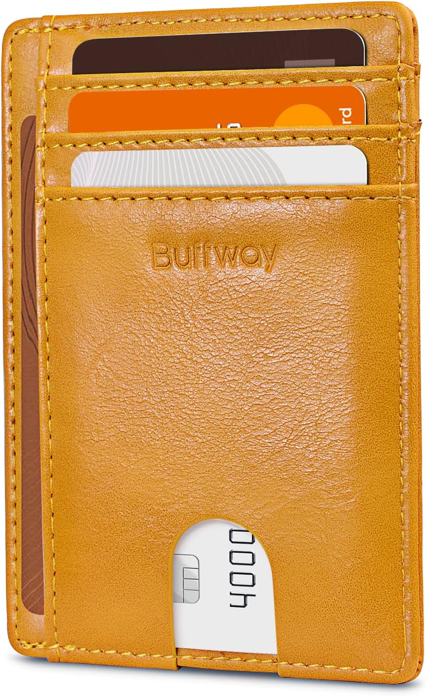 Buffway Slim Minimalist Front Pocket RFID Blocking Leather Wallets for Men and Women - Alaska Yellow