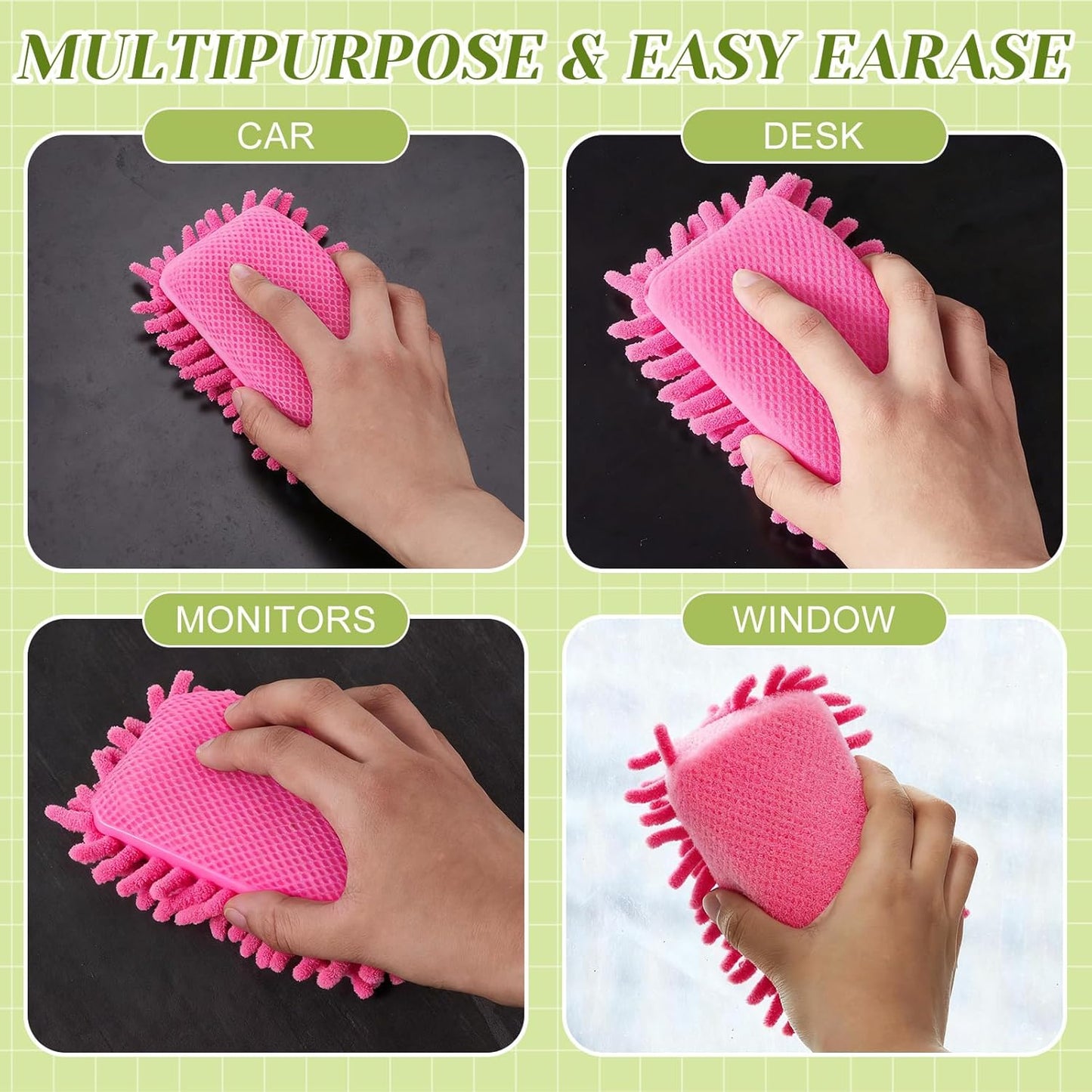 Zonon 4 Pieces Dry Erase Eraser Microfiber Shag Washable Whiteboard Eraser for Markers, Chalk, Classroom, Home and Office (Pink, Blue, Yellow, Green)