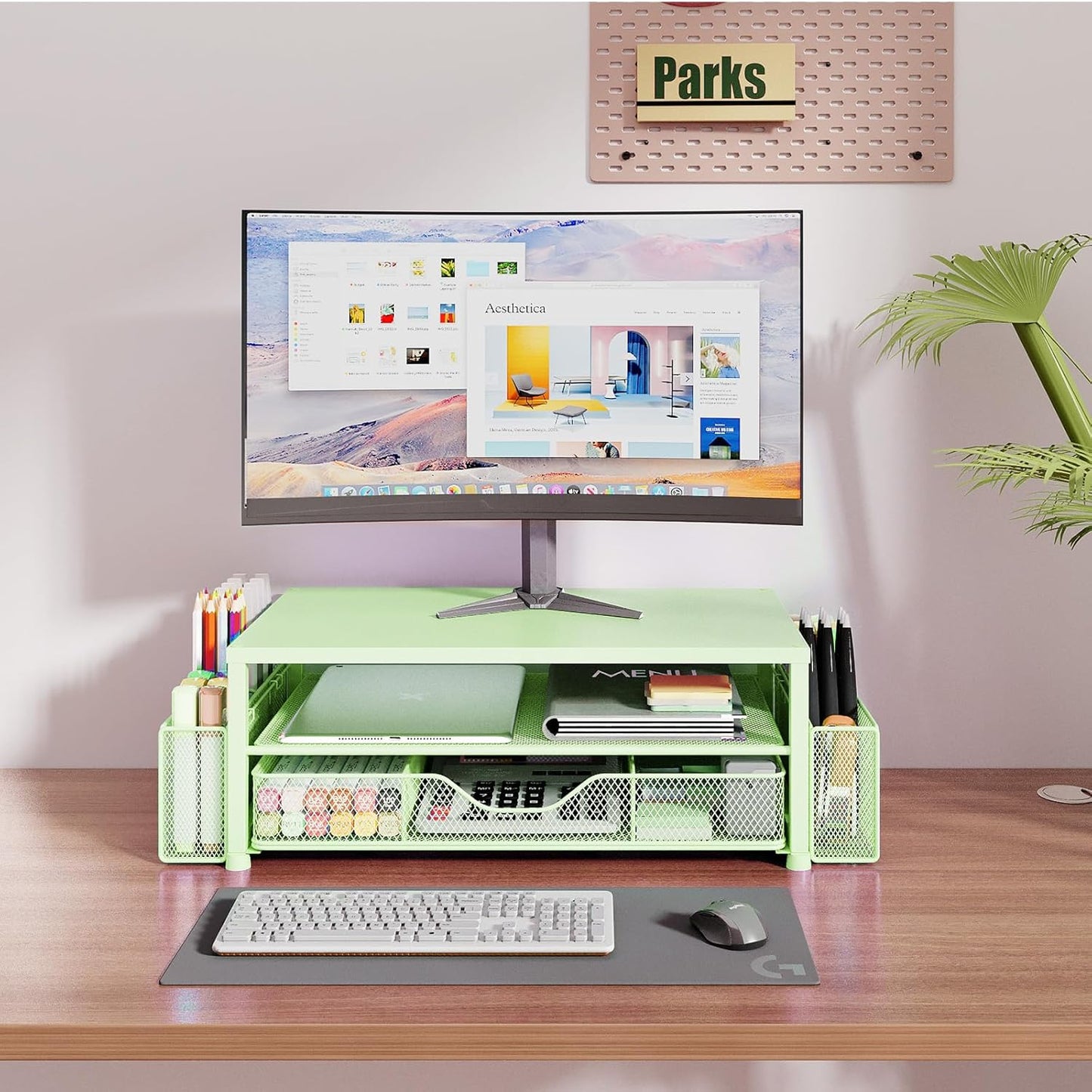 Desk Organizers and Accessories, 2-Tier Computer Monitor Stand Riser with Drawer and 2 Pen Holders, Laptop Stand, Office Desk Accessories for Office Supplies, Green