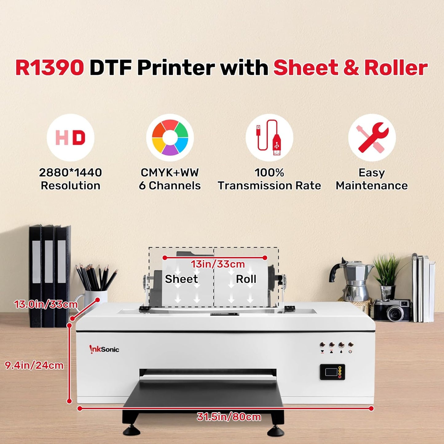 InkSonic R1390 DTF Printer Machine, A3 T shirt printing Machine With Laptop, 13" Format DTF Printer Bundles, Direct to Film Heat Transfer, T-Shirt Maker for Clothes Design, White Ink Circulation