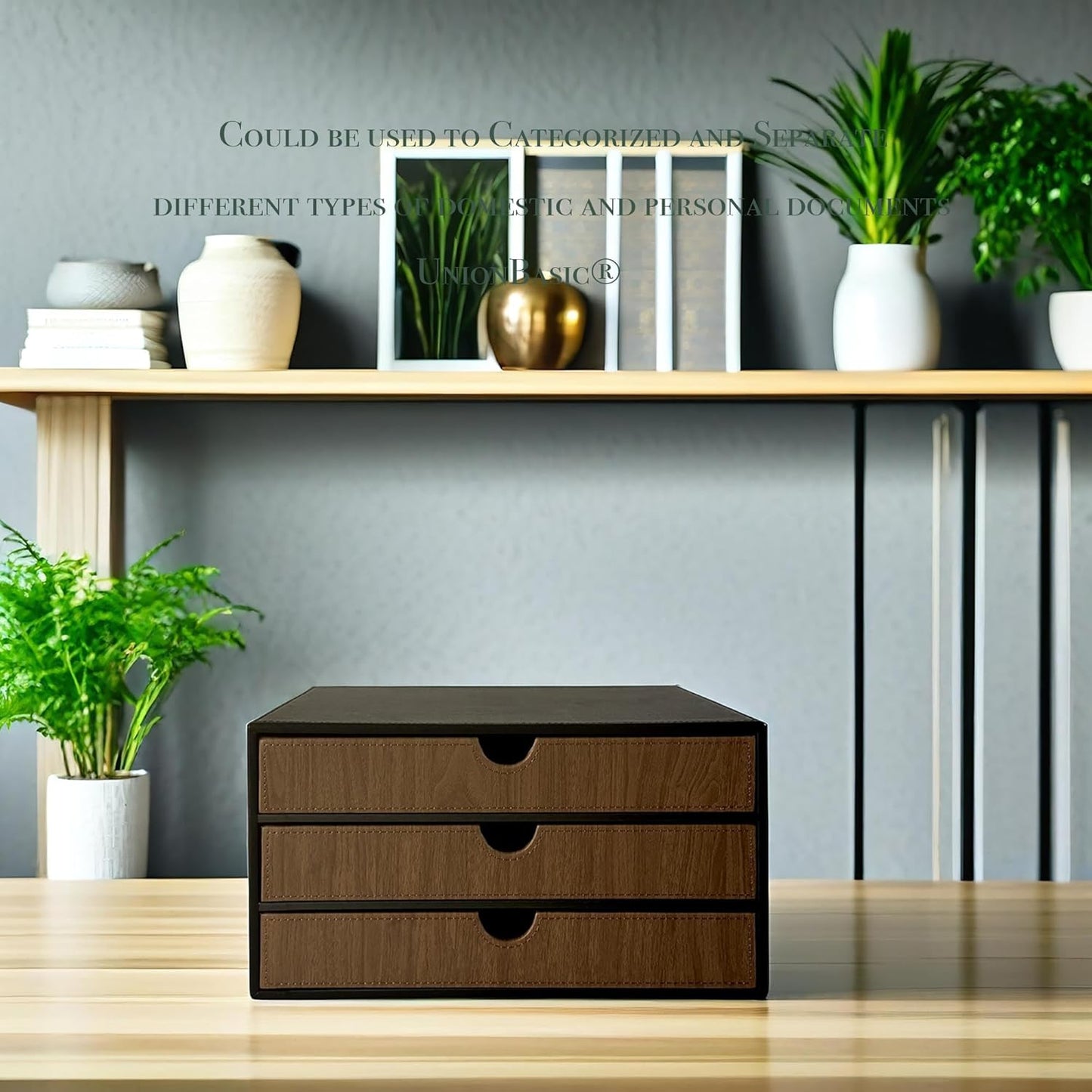 UnionBasic Document Organizer, 3-Drawer File Cabinet Document Storage Box, Office Desktop Filing Organizer, Black with Wood Grain Drawers
