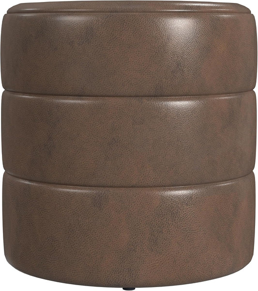HomePop Upholstered Faux Leather Round Ottoman Home Décor|Foot Rest Ottoman- Brown Faux Leather