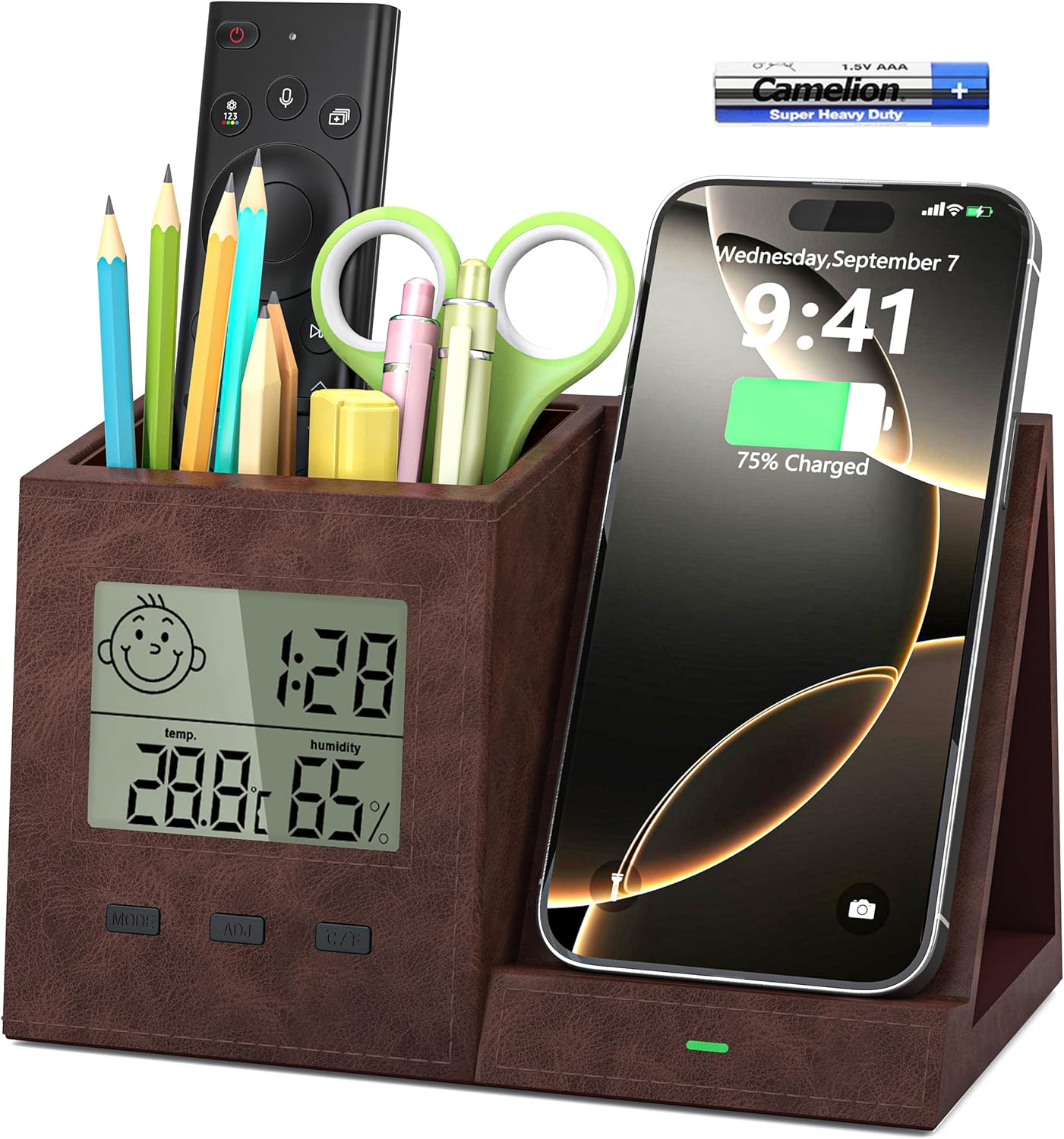Multifunctional Pen Holder and Organizer for Desk with Wireless Charger, Digital Indoor Thermometer and Humidity Gauge, Home Office Organizers and Storage (Battery Included)