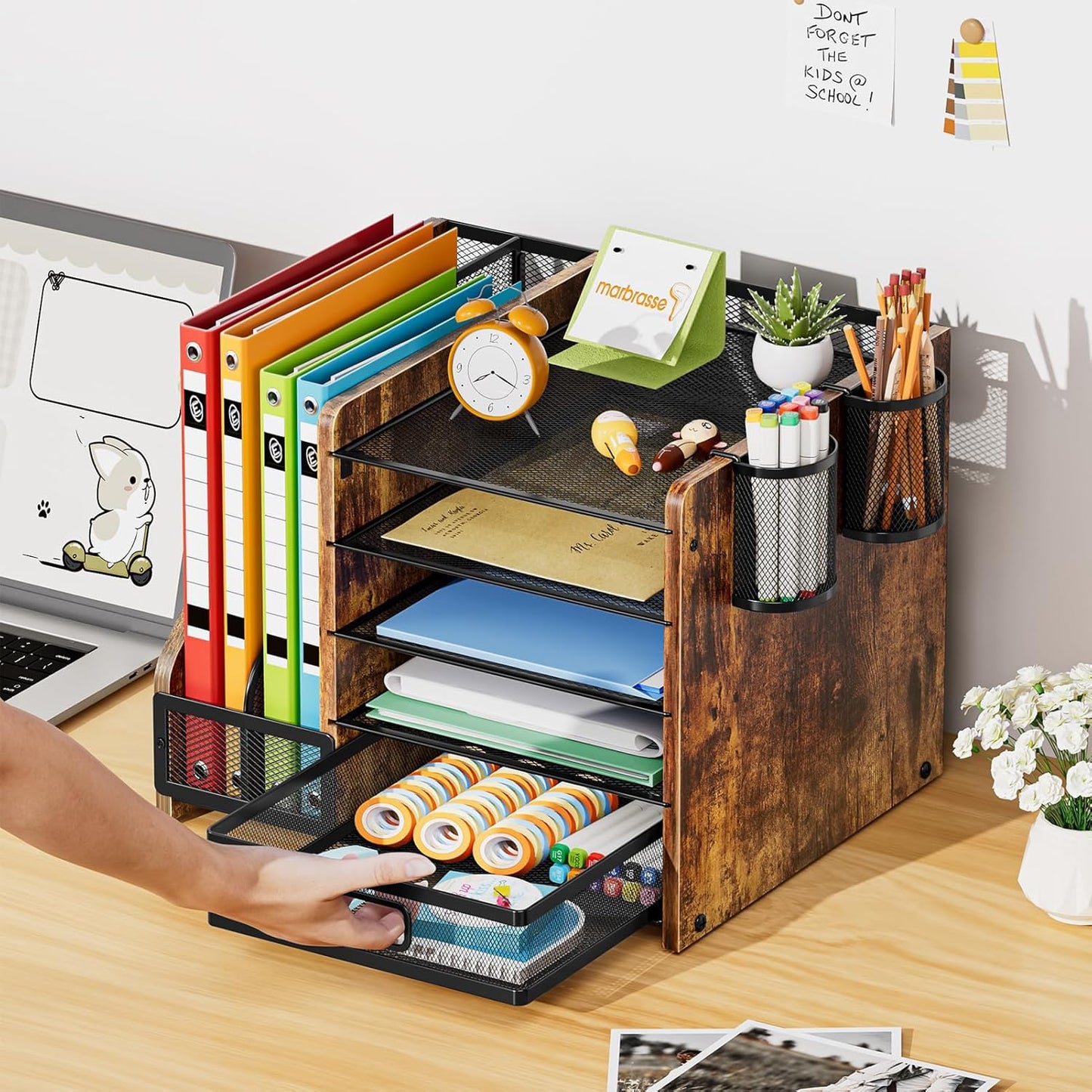 Marbrasse Desk Organizer with File Holder, 5-Tier Paper Letter Tray Organizer with Drawer and 2 Pen Holder, Mesh Desktop Organizer and Storage with Magazine Holder for Office Supplies (Wood-Brown)