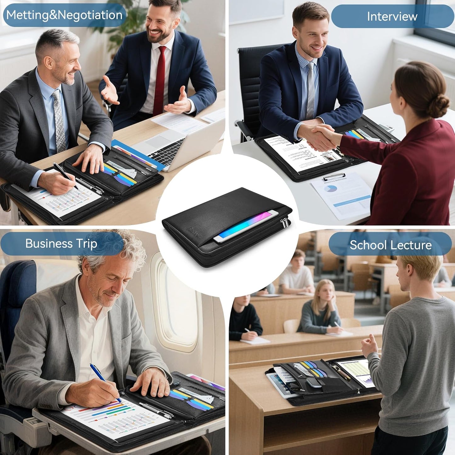 Zippered Leather Padfolio Organizer, Multifunctional Business Portfolio Folder with Zipper, Card Holders Pockets, Notepad Executive File Document Binder for Women Men (Black)