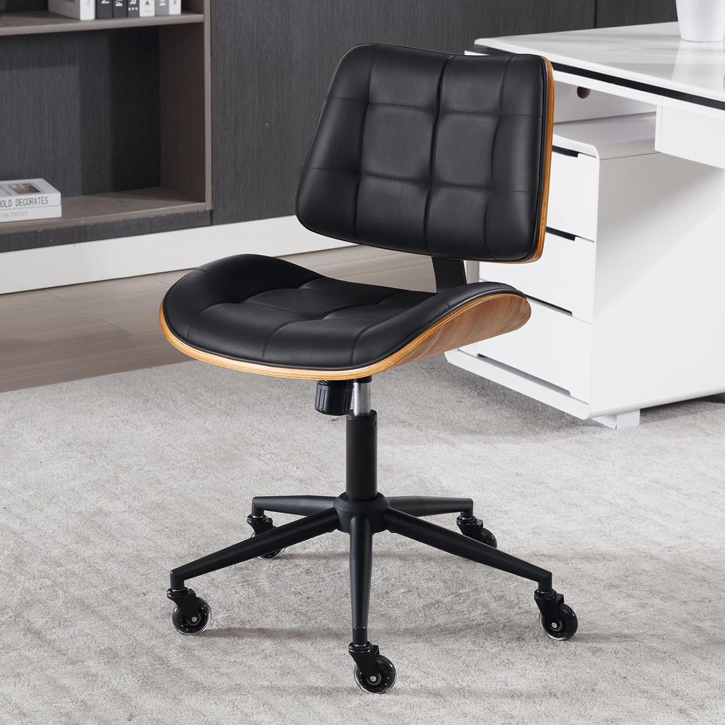 Home Office Desk Chair with Wheels, Adjustable Height Armless Office Chair, PU Leather Mid Back 360° Small Computer Chair, Modern Walnut Chair No Arms for Office, Reading Meeting Room(Black)