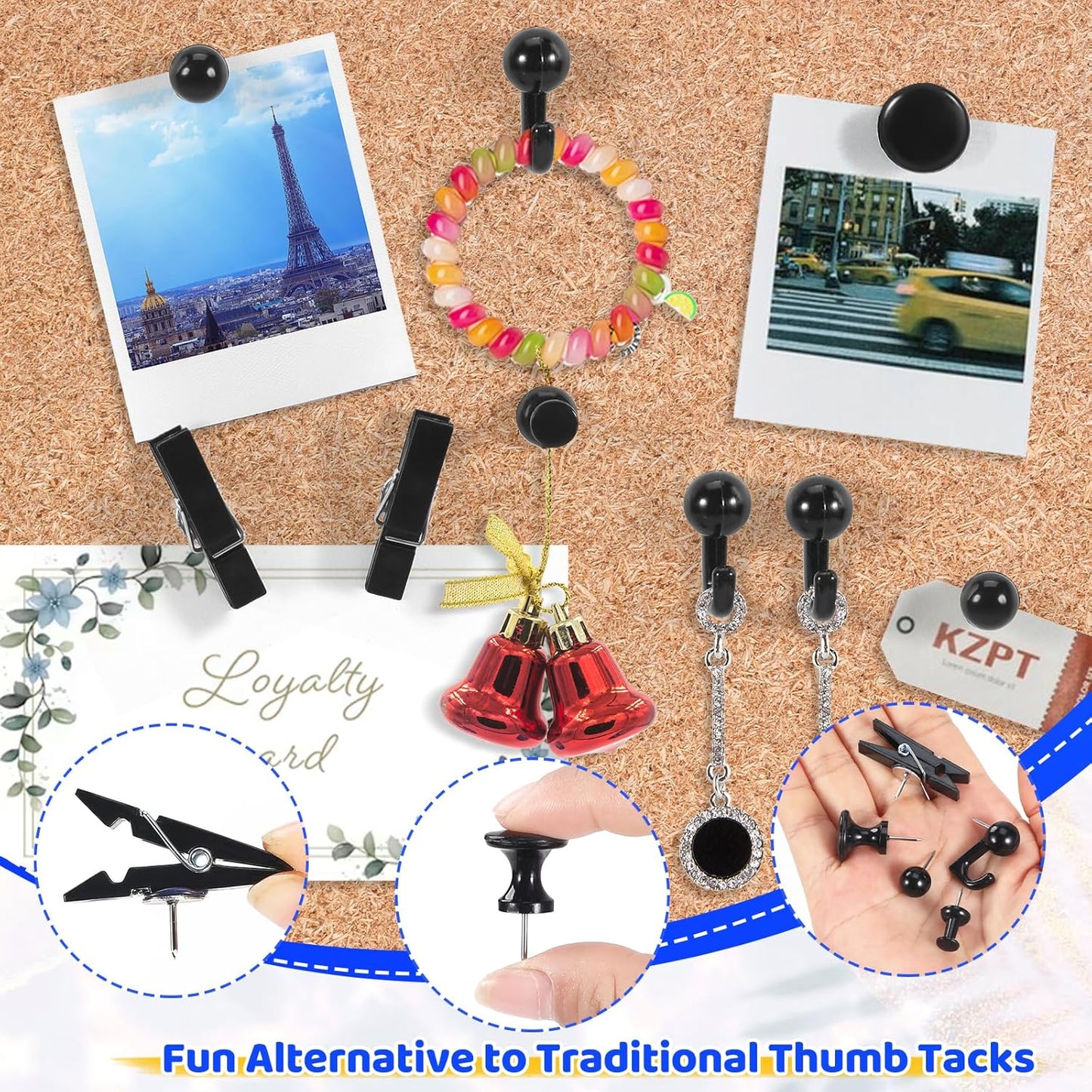 240Pcs Black Push Pins,5 Style Thumb Tacks, Black Plastic Push Pins for Bulletin Boards, Cork Board,Wall,Cork Board Accessories, Office Home Supplies